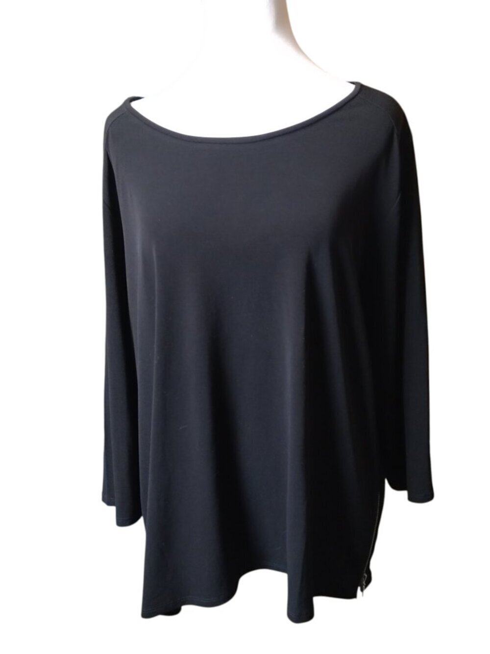 Chico's Black Stretch 3/4 Sleeve Pullover Blouse Top Zip Side Accent Size 3